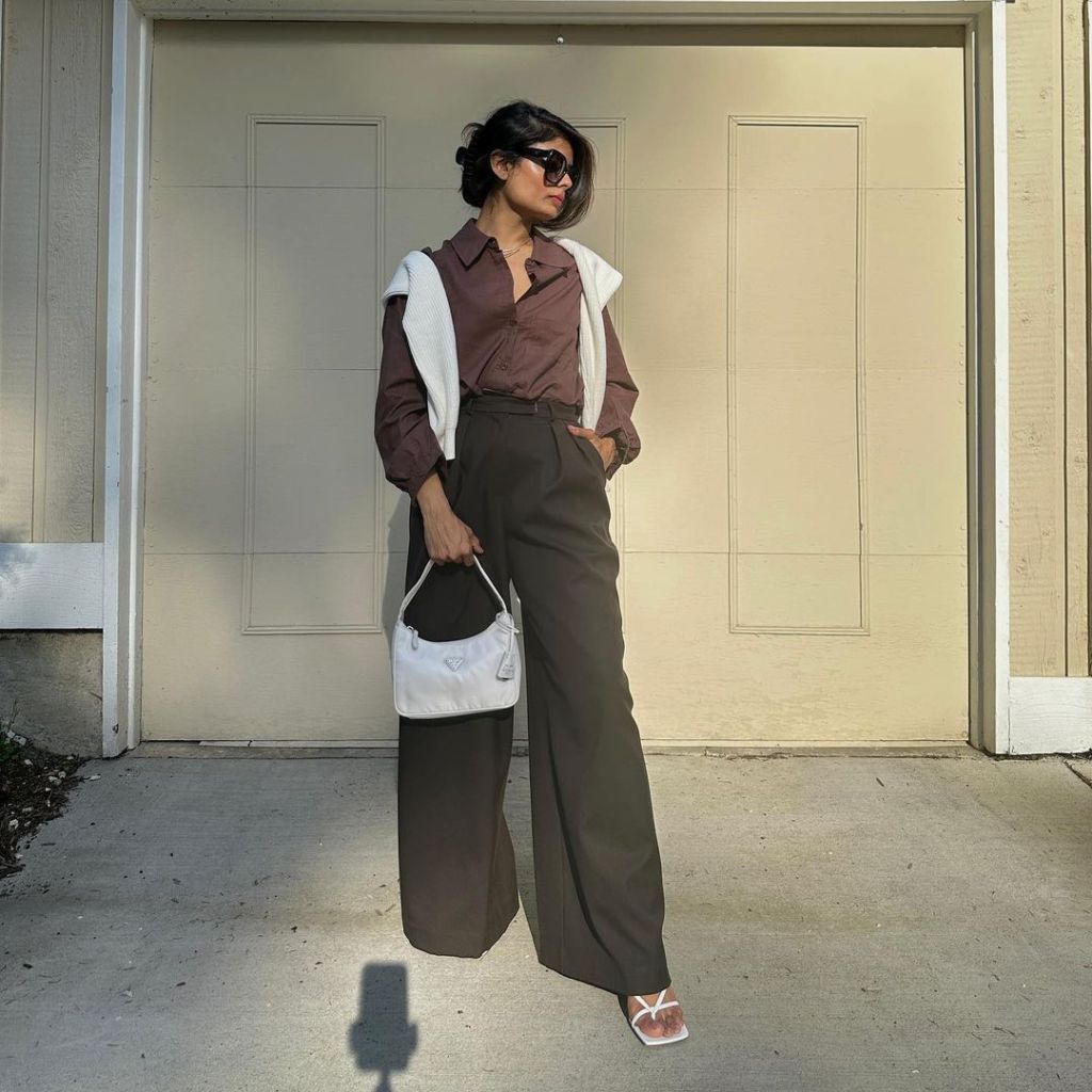Silk shirt and wide-leg trousers with a draped sweater Silk shirt and wide-leg trousers with a draped sweater — Casual Church Outfit