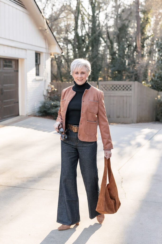 Pink suede jacket over a black turtleneck with jeans Pink suede jacket over a black turtleneck with jeans — Casual Church Outfit
