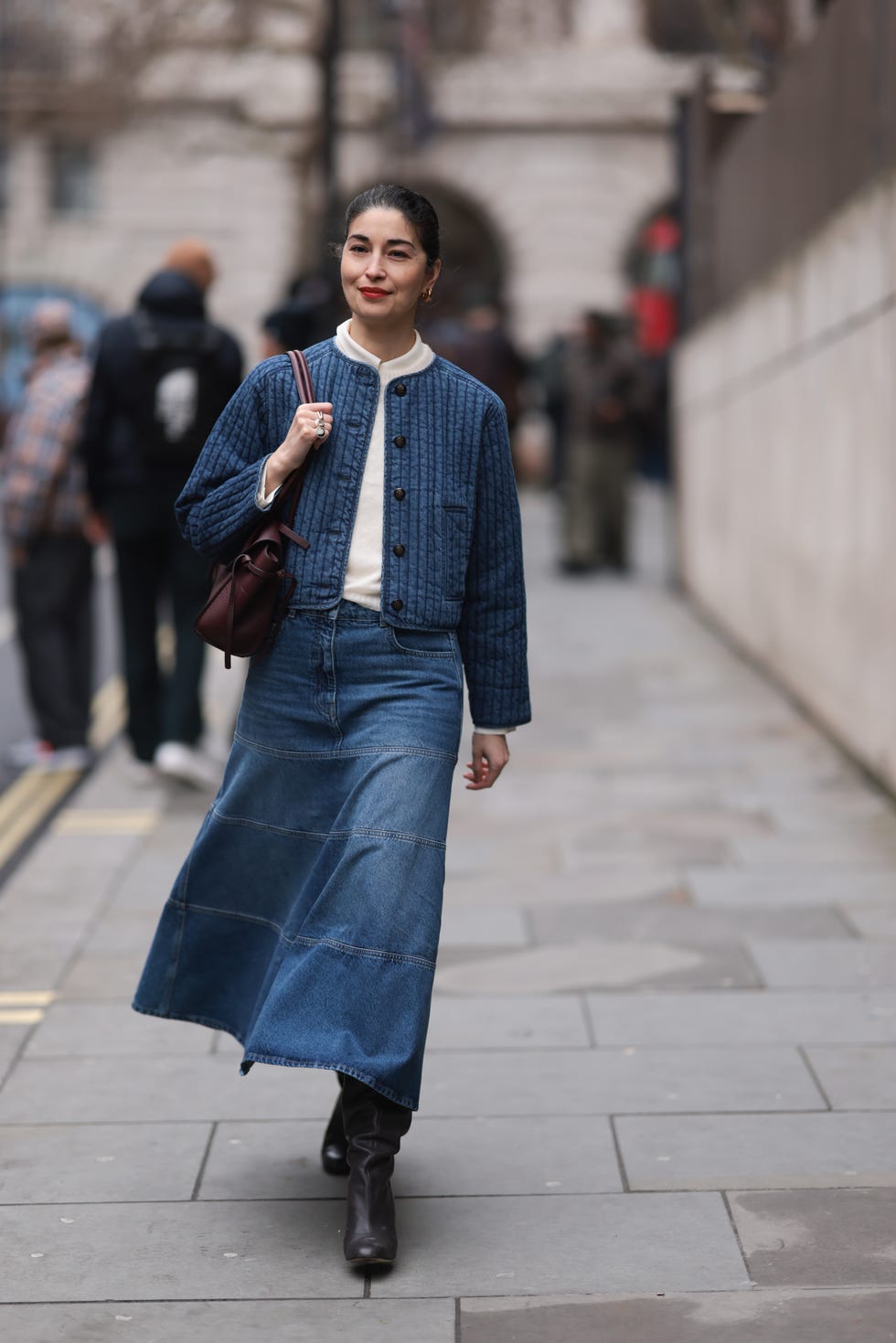 Quilted denim jacket with mock-neck top and skirt Quilted denim jacket with mock-neck top and skirt — Casual Church Outfit