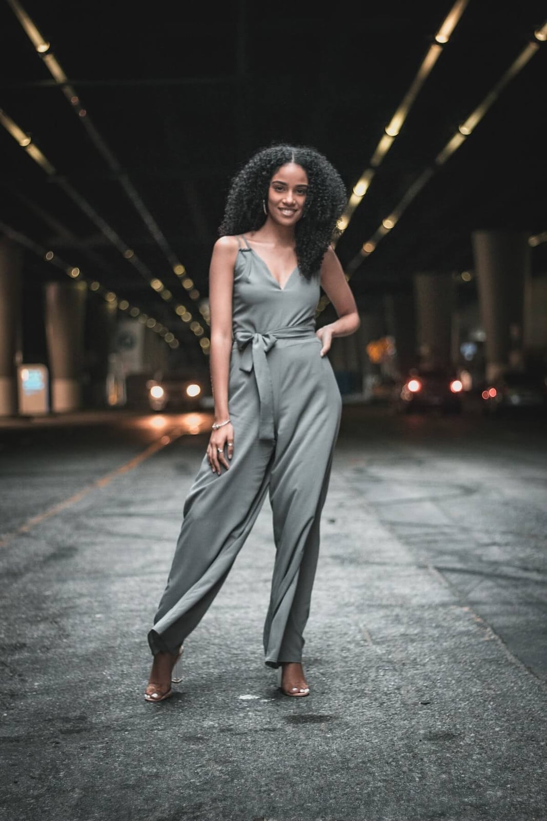 Monochromatic Gray Crepe Jumpsuit for Evening, Pointed Toe Heels Monochromatic Gray Crepe Jumpsuit for Evening, Pointed Toe Heels — Casual Date Night Outfit