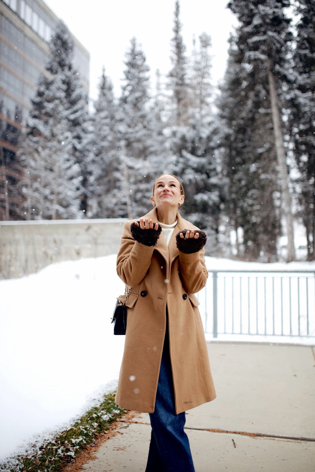Camel Wool Coat over Jeans and Top, Enjoys A Snowy Evening Camel Wool Coat over Jeans and Top, Enjoys A Snowy Evening — Casual Date Night Outfit