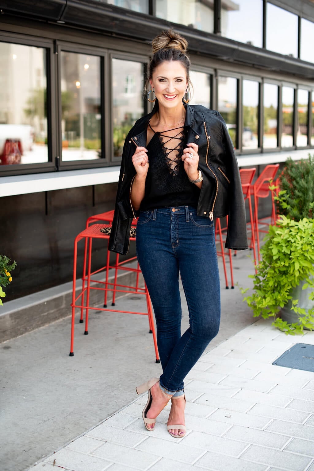 Leather Jacket over Lace-Up Camisole and Skinny Jeans Leather Jacket over Lace-Up Camisole and Skinny Jeans — Casual Date Night Outfit