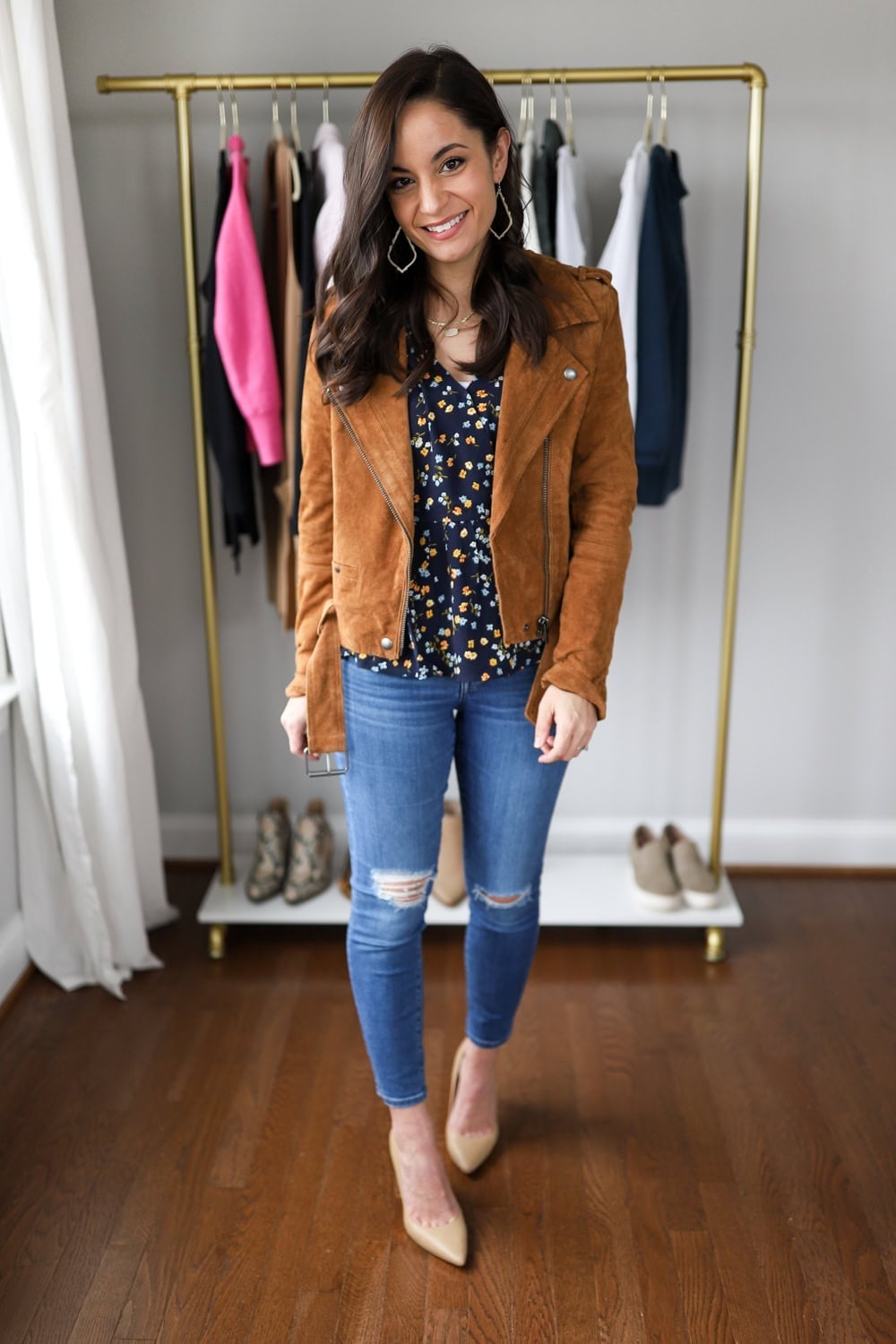 Suede Moto Jacket with Floral Blouse and Ripped Jeans Suede Moto Jacket with Floral Blouse and Ripped Jeans — Casual Date Night Outfit