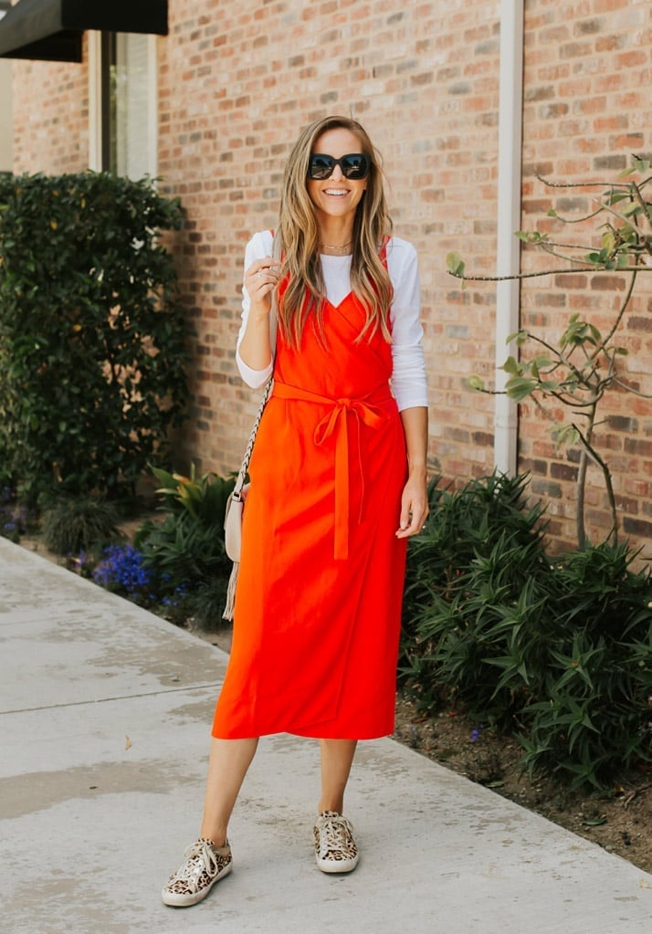 Orange Wrap Dress with White Top and Sneakers Orange Wrap Dress with White Top and Sneakers — Casual Date Night Outfit