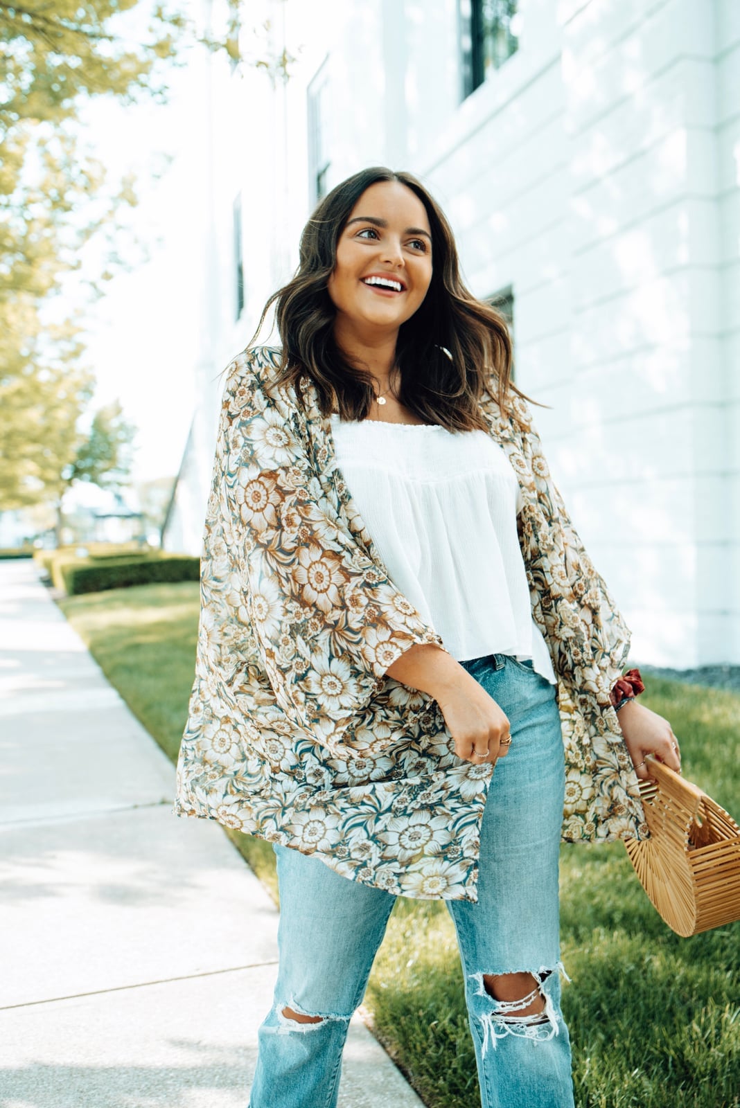 Floral Kimono over Camisole and Ripped Jeans Floral Kimono over Camisole and Ripped Jeans — Casual Date Night Outfit