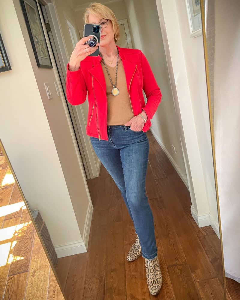 Red Moto Jacket over Tan Sweater and Jeans Red Moto Jacket over Tan Sweater and Jeans — Casual Date Night Outfit