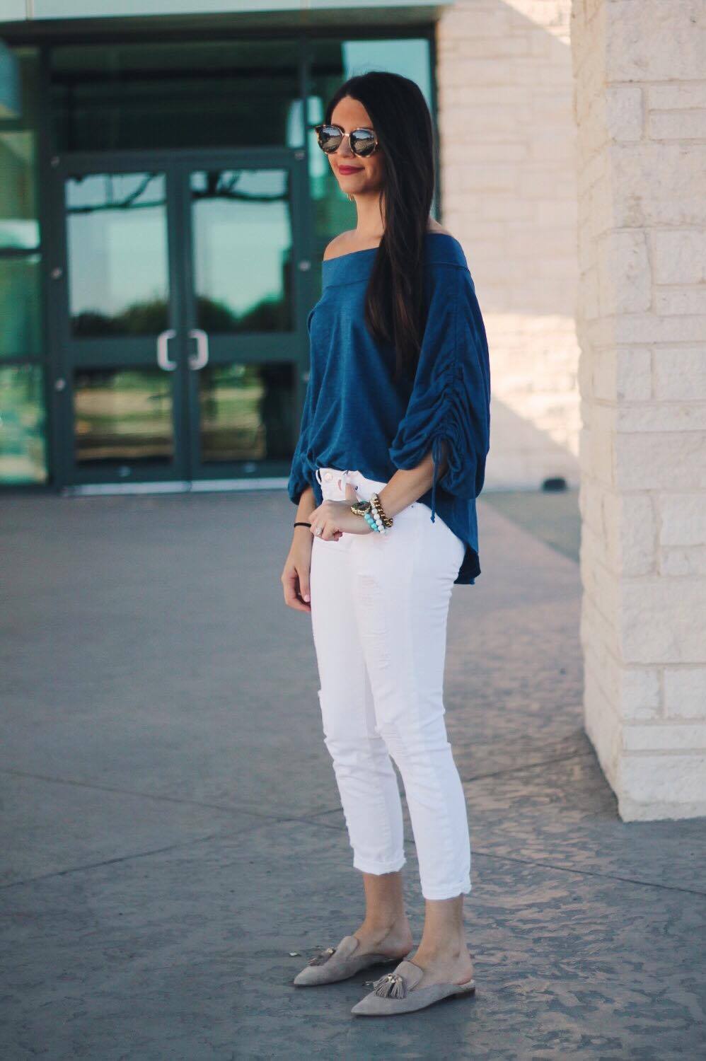 Off-the-Shoulder Top with White Trousers Off-the-Shoulder Top with White Trousers — Casual Date Night Outfit