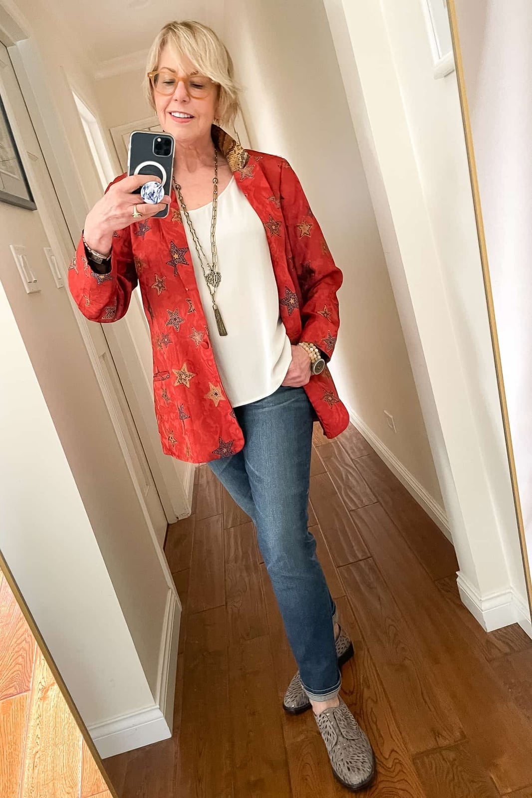 Patterned Blazer with Tank Top and Jeans Patterned Blazer with Tank Top and Jeans — Casual Date Night Outfit