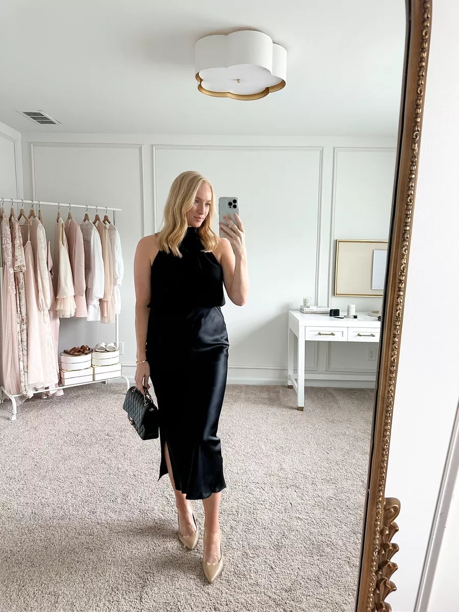 Satin Midi Skirt and Halter Top Ensemble, Nude Pointed-Toe Pumps Satin Midi Skirt and Halter Top Ensemble, Nude Pointed-Toe Pumps — Casual Date Night Outfit