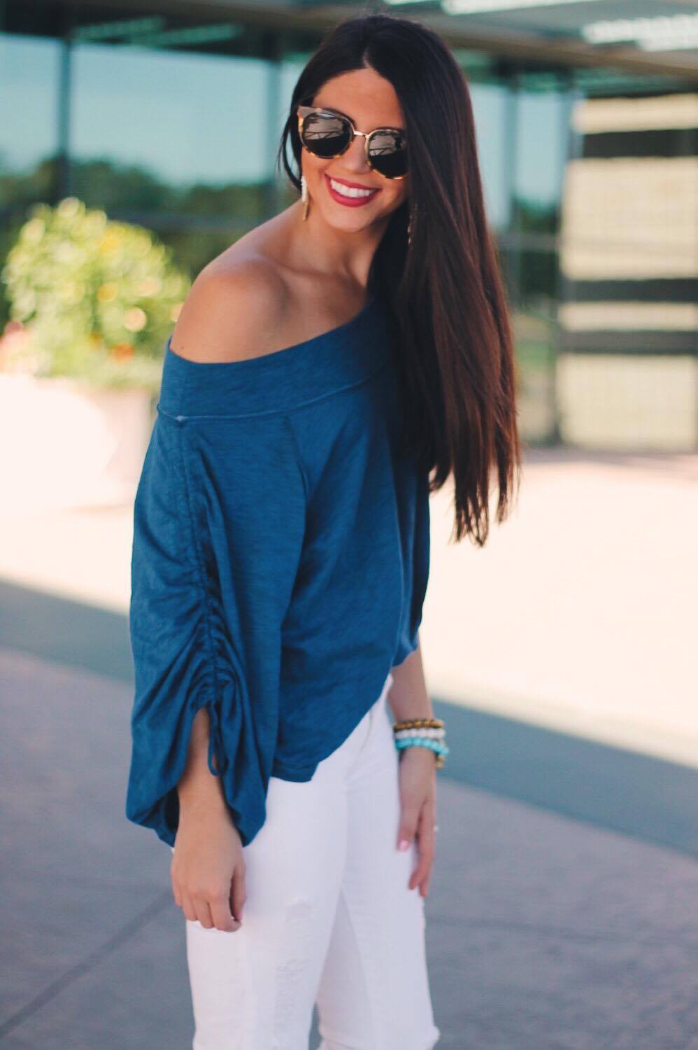 Off-the-Shoulder Top with Ripped White Jeans Off-the-Shoulder Top with Ripped White Jeans — Casual Date Night Outfit
