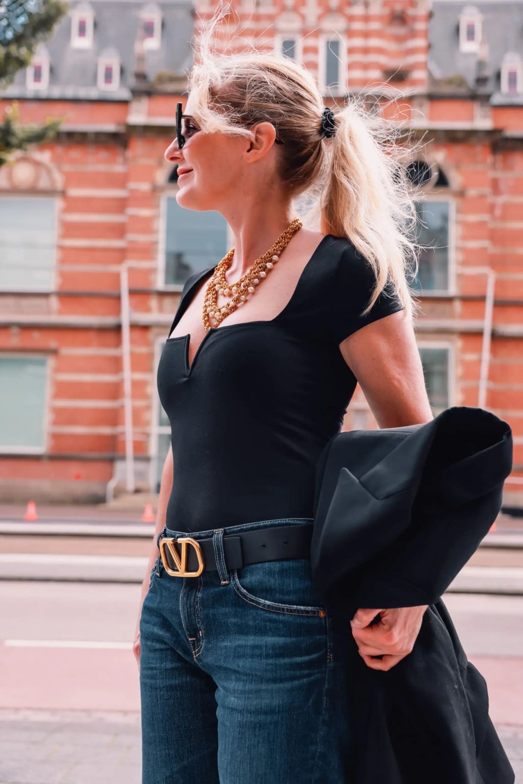 Wide Leg Jeans with Draped Blazer and Statement Necklace Wide Leg Jeans with Draped Blazer and Statement Necklace — Casual Date Night Outfit
