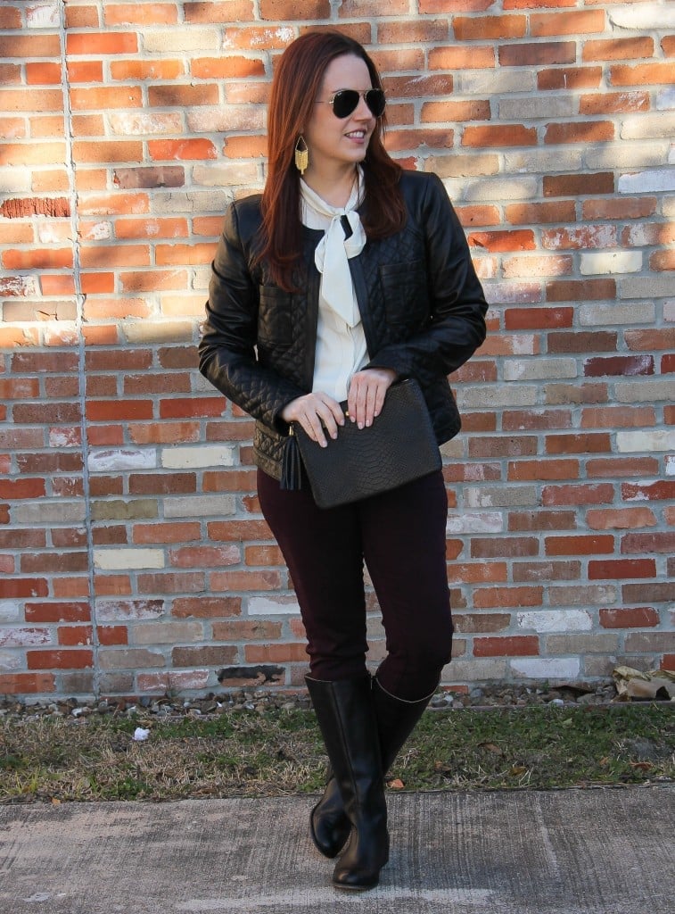 Quilted Jacket over Pussy-Bow Blouse and Burgundy Trousers Quilted Jacket over Pussy-Bow Blouse and Burgundy Trousers — Casual Date Night Outfit