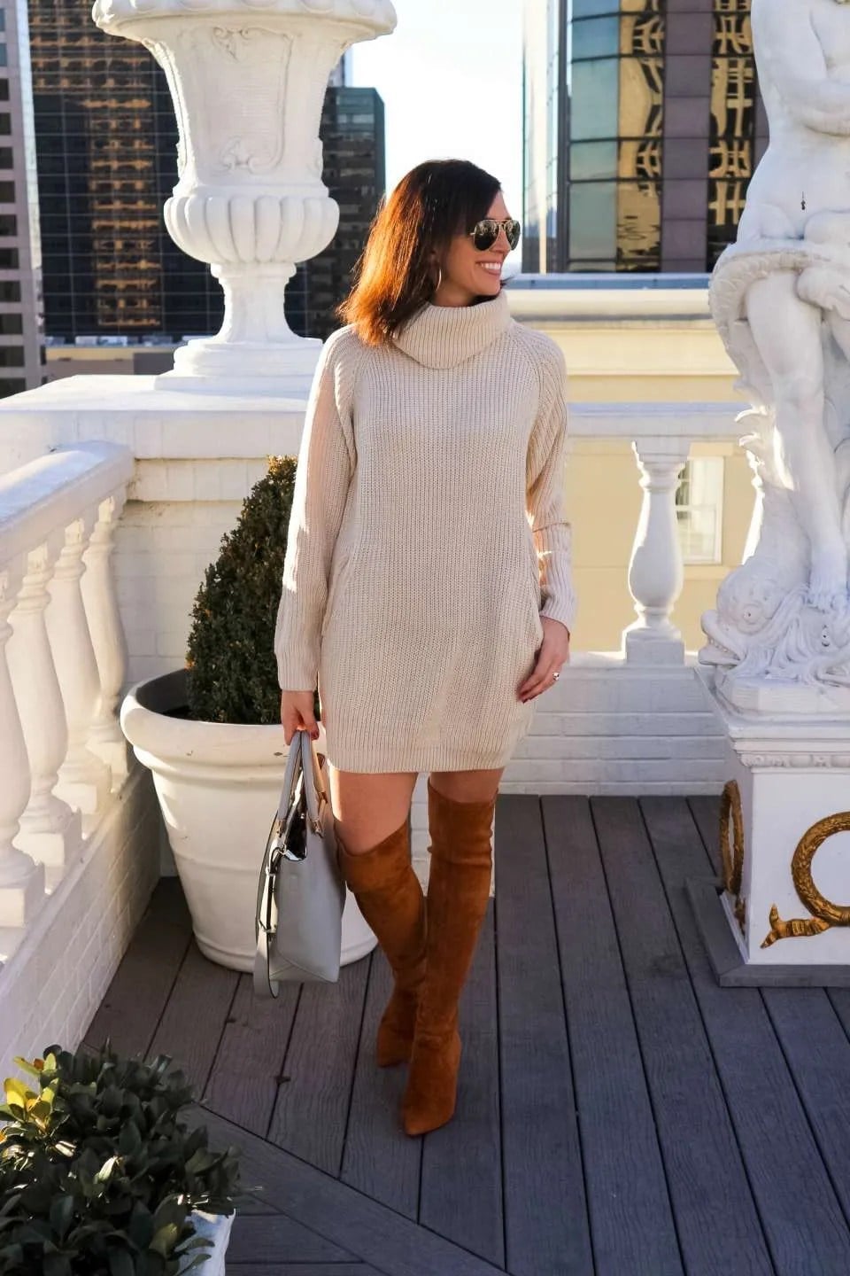 Turtleneck Sweater Dress with Over-the-Knee Boots Turtleneck Sweater Dress with Over-the-Knee Boots — Casual Date Night Outfit