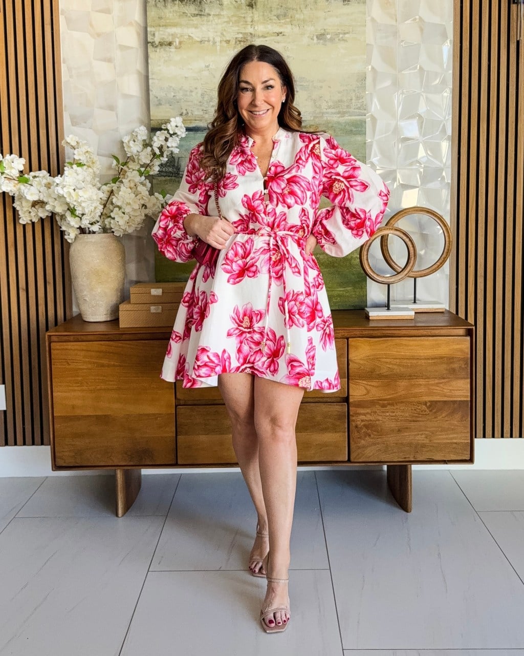 White floral print mini dress with gold belt White floral print mini dress with gold belt — Casual Dresses