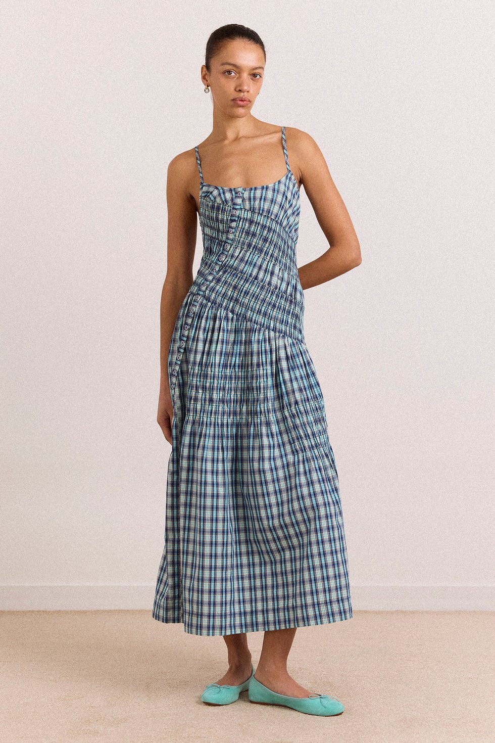 Blue and green plaid smocked midi dress Blue and green plaid smocked midi dress — Casual Dresses