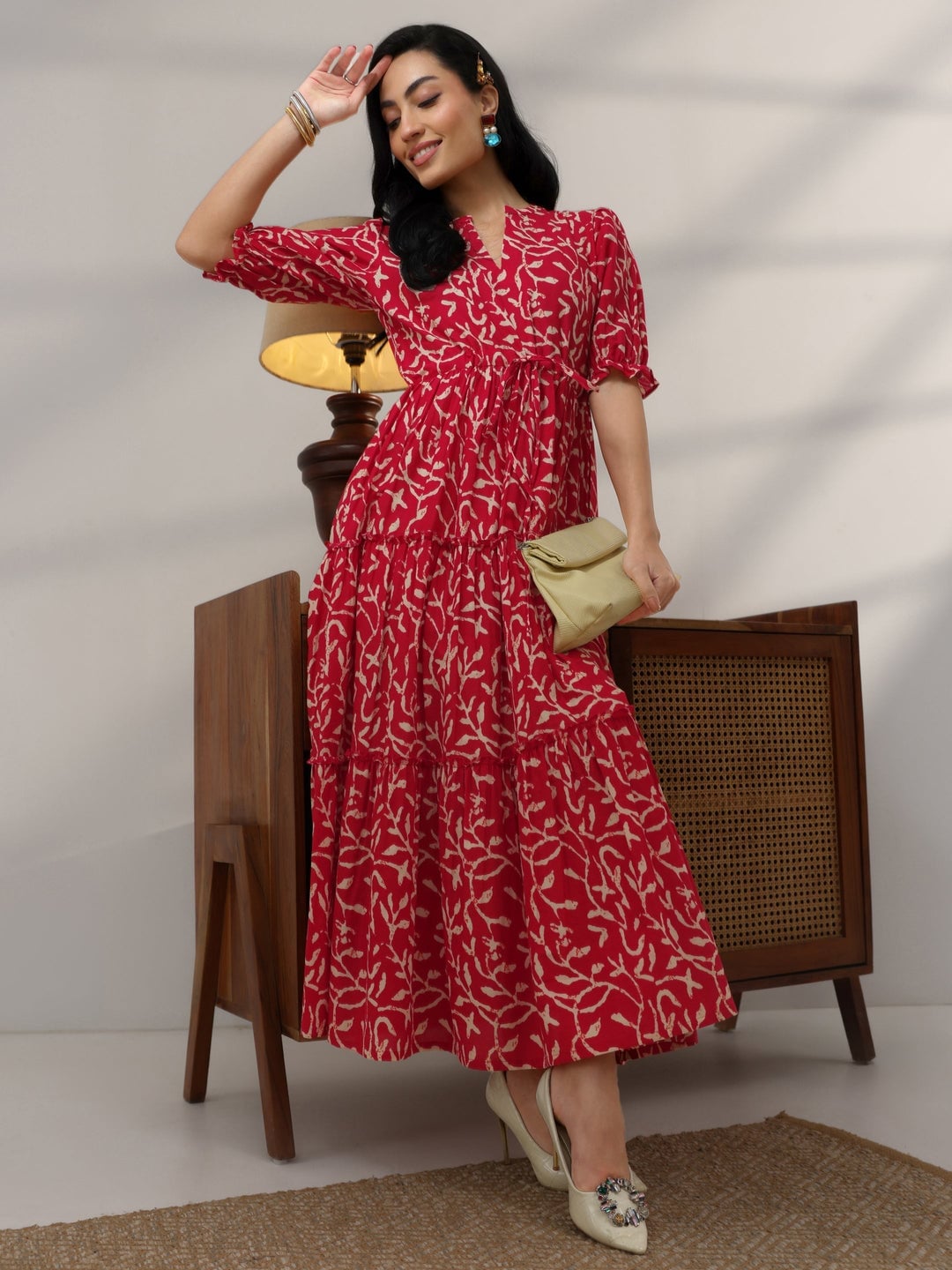 Red cream-printed tiered maxi dress Red cream-printed tiered maxi dress — Casual Dresses