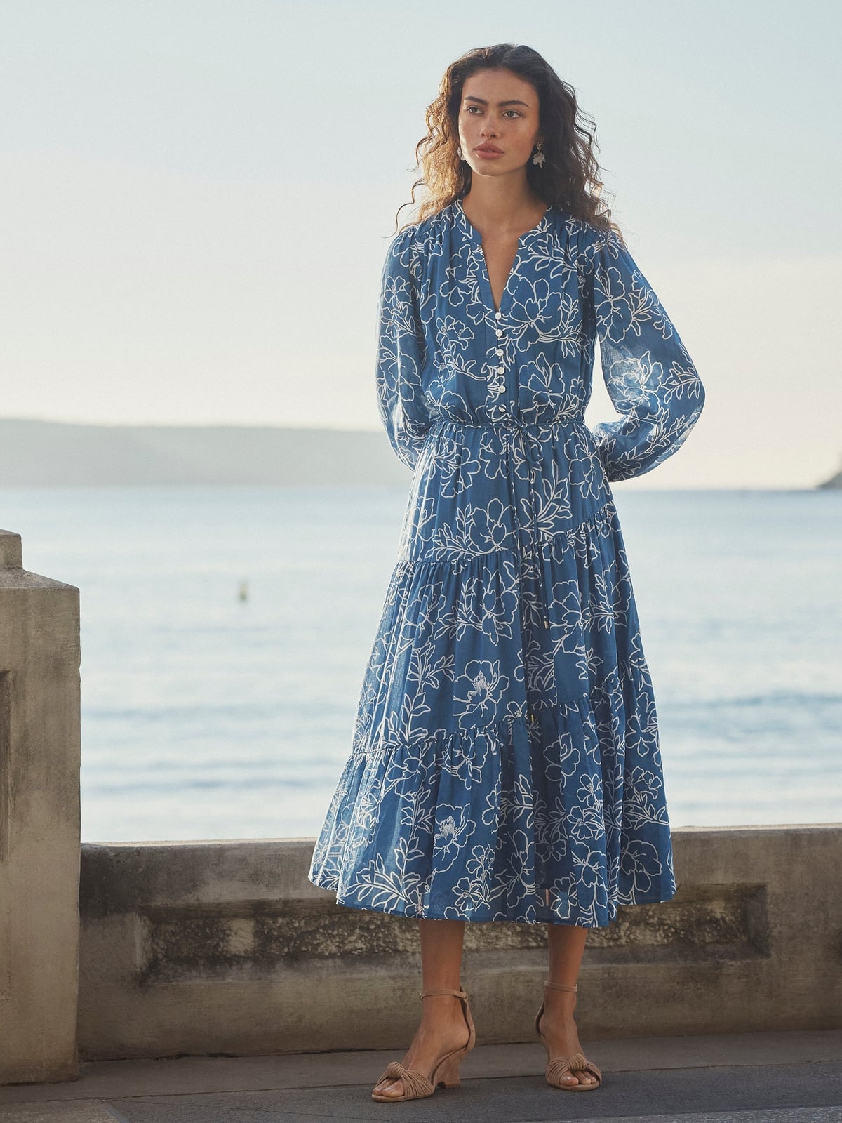 Blue floral tiered maxi dress with long sleeves Blue floral tiered maxi dress with long sleeves — Casual Dresses