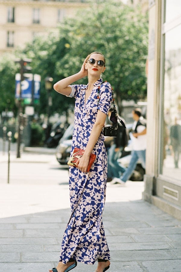 Blue floral wrap maxi dress with short sleeves, Black Flat Sandals Blue floral wrap maxi dress with short sleeves, Black Flat Sandals — Casual Dresses