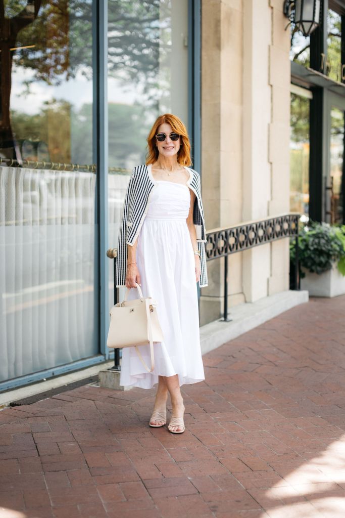 White strapless midi dress with striped cardigan White strapless midi dress with striped cardigan — Casual Dresses