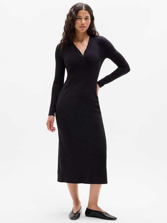 Black long sleeve henley midi dress Black long sleeve henley midi dress — Casual Dresses