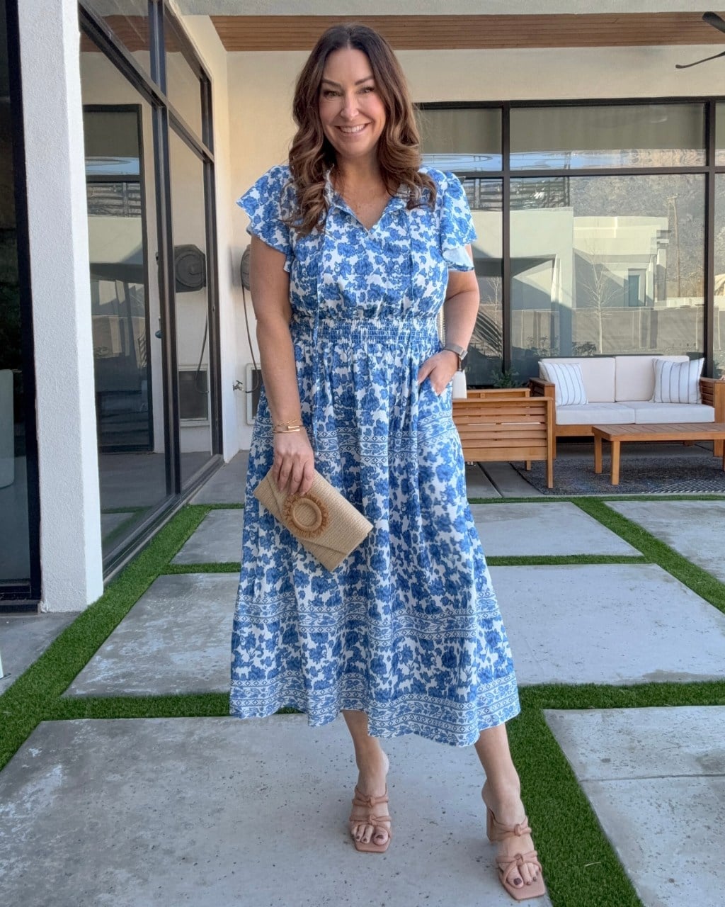 Blue And White Patterned Midi Dress With Smocked Bodice Blue And White Patterned Midi Dress With Smocked Bodice — Casual Dresses Outfits