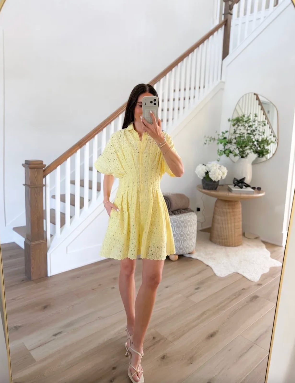 Yellow Eyelet Shirt Dress With A-Line Silhouette Yellow Eyelet Shirt Dress With A-Line Silhouette — Casual Dresses Outfits