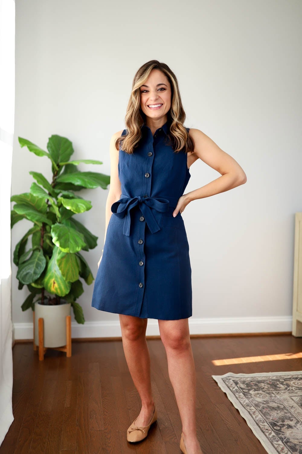 Navy Blue Linen Shirt Dress With Tie Waist Navy Blue Linen Shirt Dress With Tie Waist — Casual Dresses Outfits