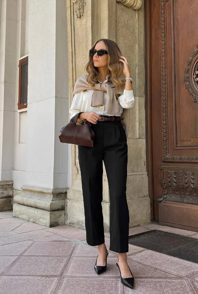 Sweater Draped Over Button-Up With Pleated Trousers Sweater Draped Over Button-Up With Pleated Trousers — Casual Style