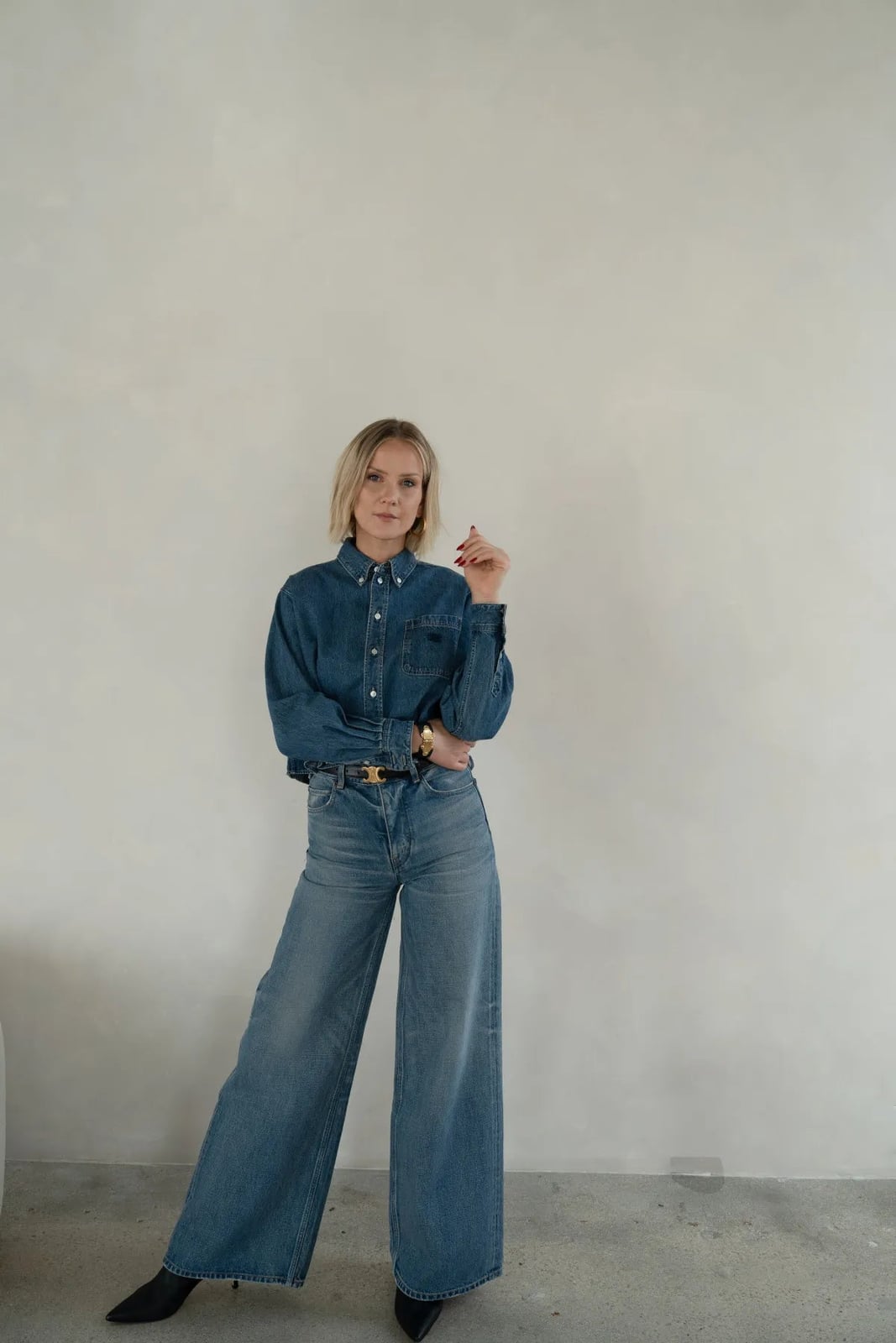 Denim Shirt With Wide Leg Jeans Denim Shirt With Wide Leg Jeans — Casual Style