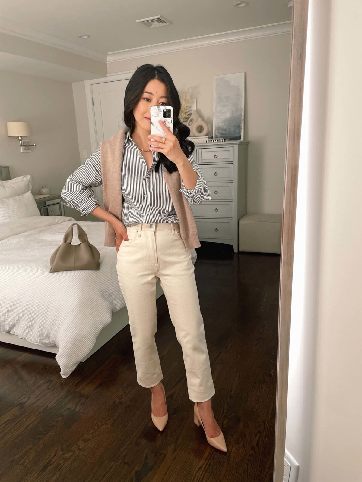 Knit Vest Over Striped Shirt With Trousers Knit Vest Over Striped Shirt With Trousers — Casual Style