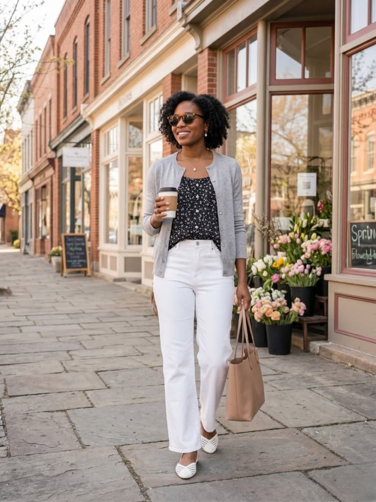 Gray Cardigan With White Wide Leg Jeans Gray Cardigan With White Wide Leg Jeans — Casual Style