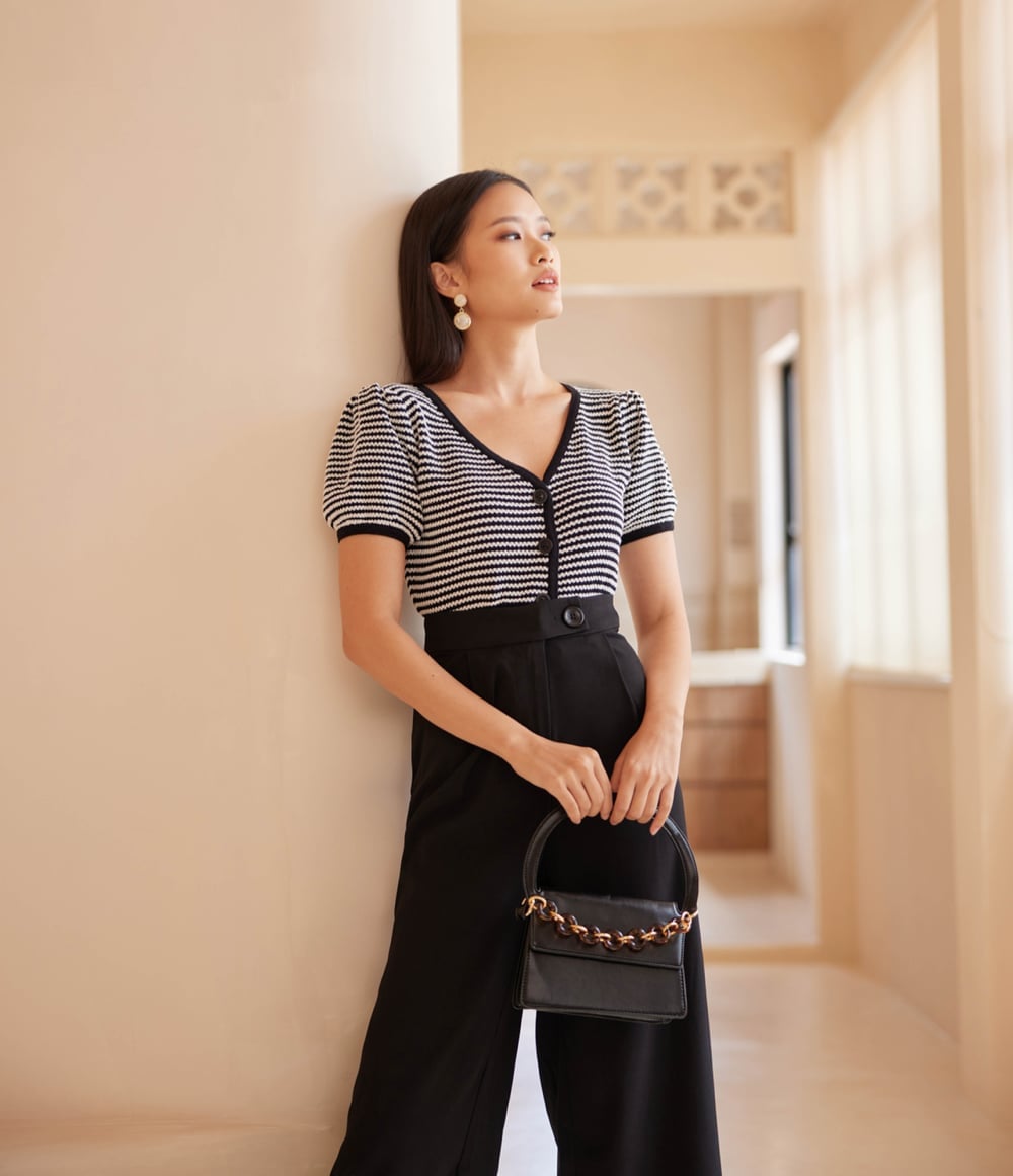 Striped Puff Sleeve Top With Wide Leg Trousers Striped Puff Sleeve Top With Wide Leg Trousers — Casual Style