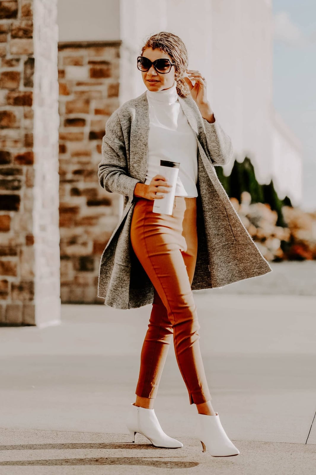 Gray Cardigan With Rust Orange Trousers Gray Cardigan With Rust Orange Trousers — Casual Style