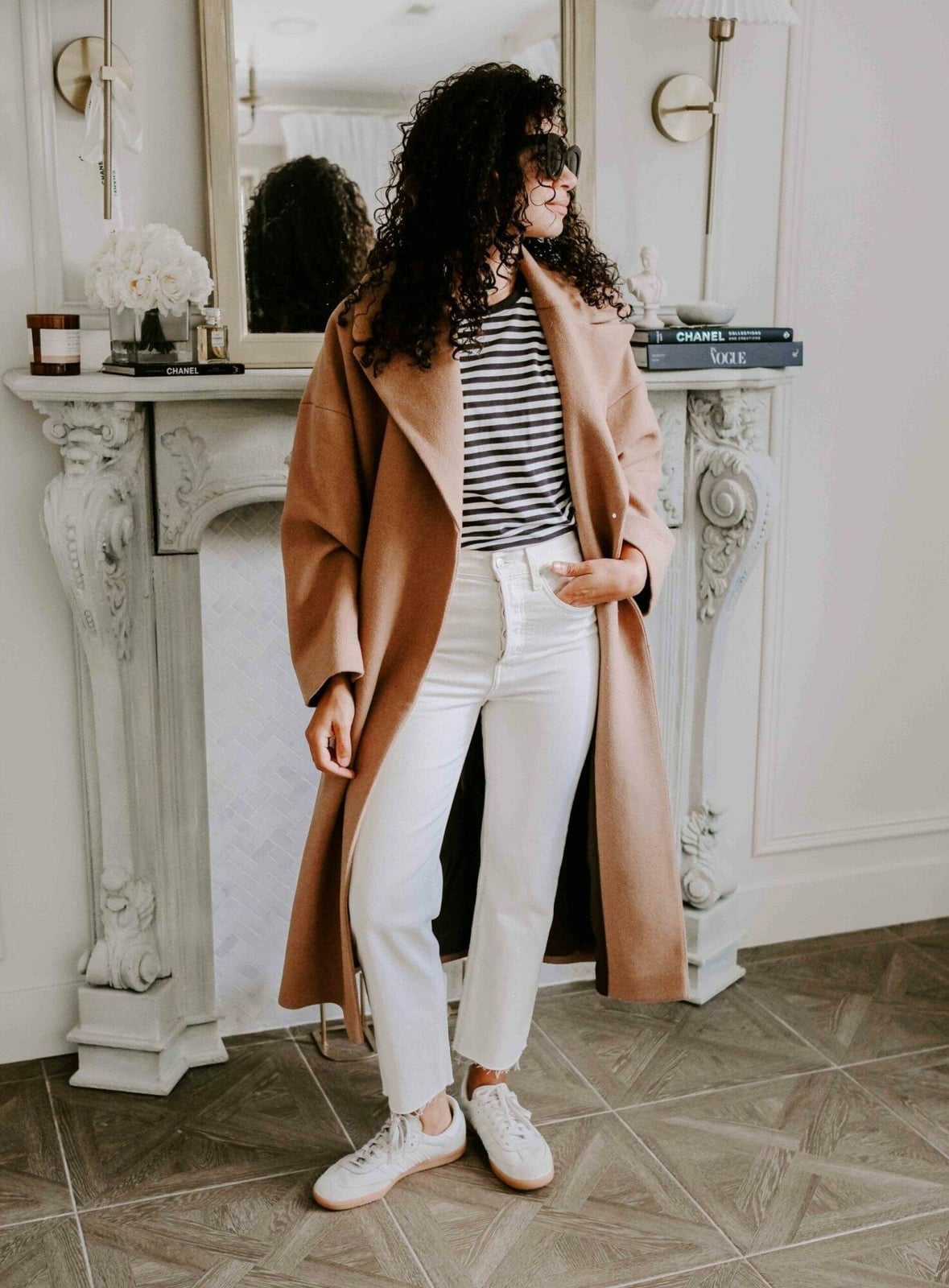 Camel Coat Over Striped Tee And Jeans Camel Coat Over Striped Tee And Jeans — Casual Style