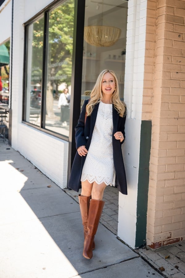 Navy Coat Over Eyelet Dress Navy Coat Over Eyelet Dress — Casual Style