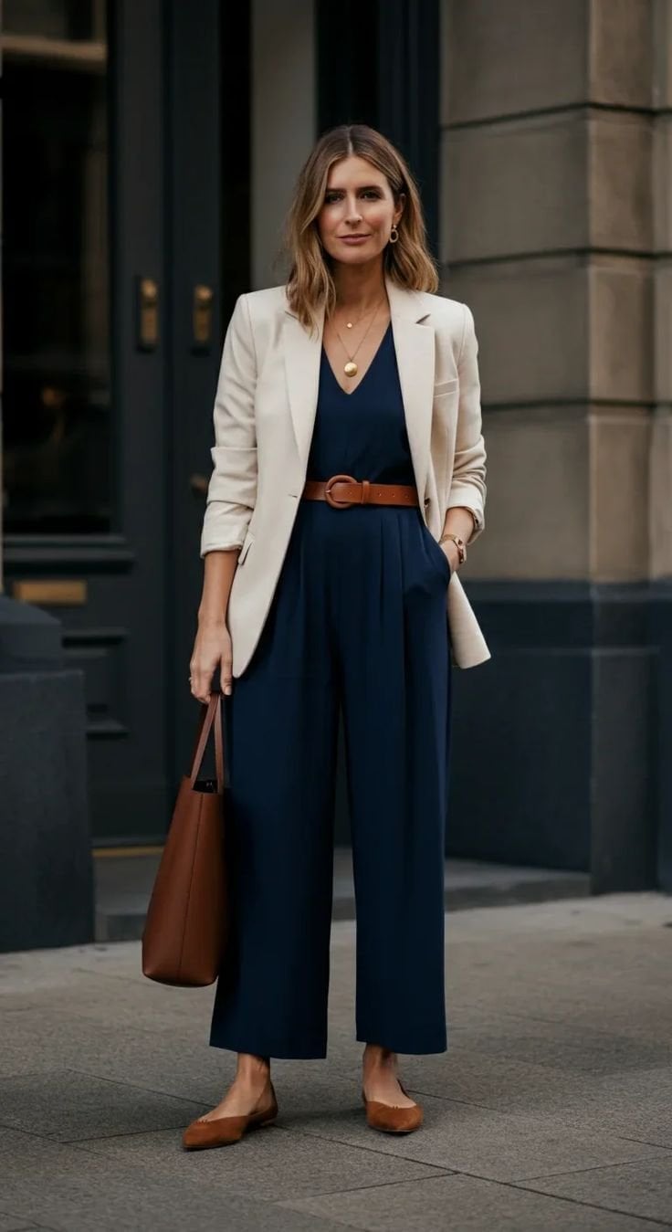 Navy wide-leg jumpsuit with cream blazer Navy wide-leg jumpsuit with cream blazer — Casual Work Outfits