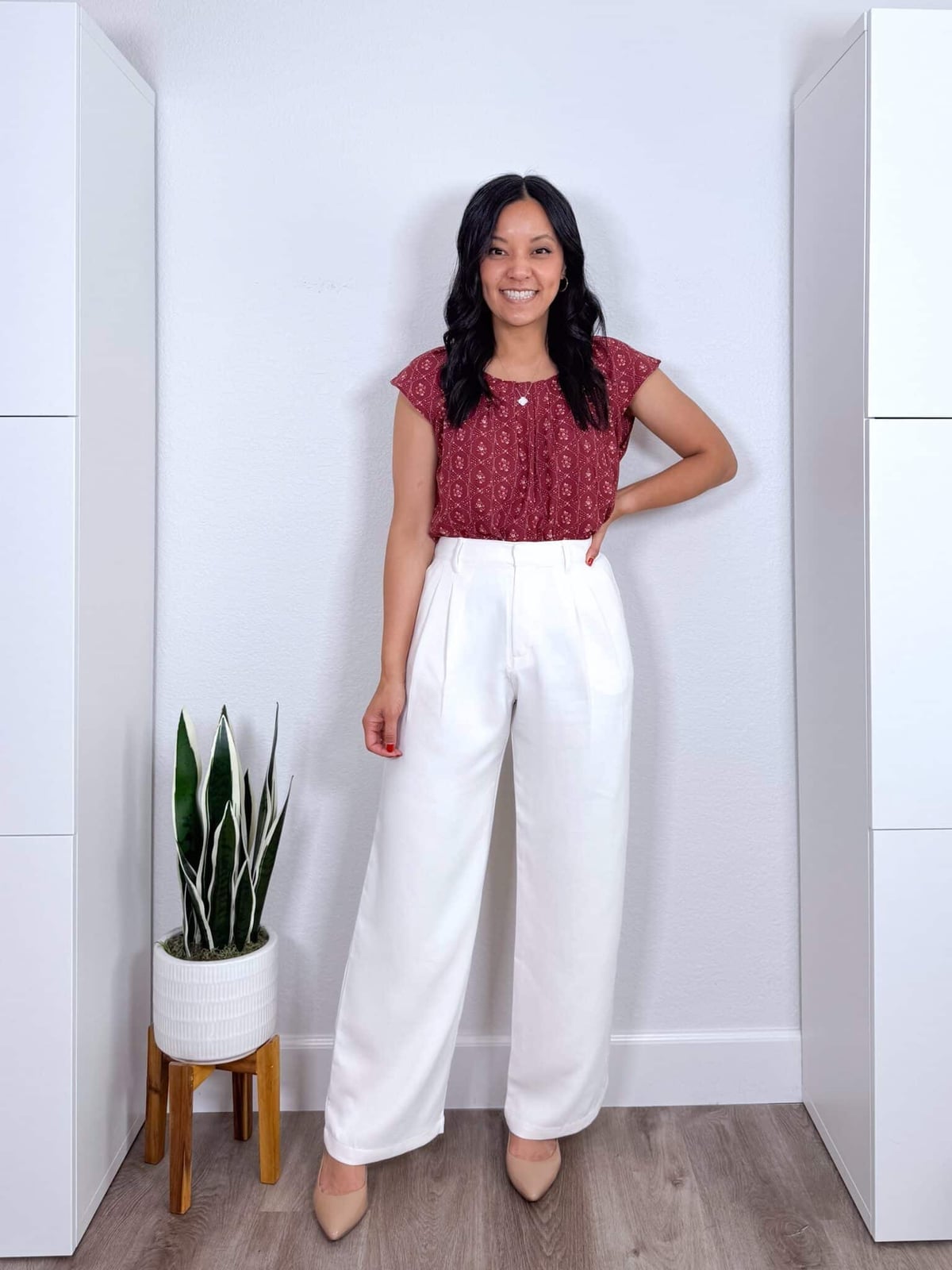 Burgundy printed blouse with white wide-leg crepe trousers Burgundy printed blouse with white wide-leg crepe trousers — Casual Work Outfits