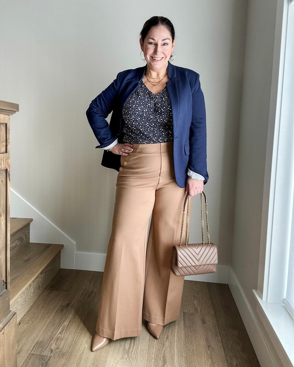 Navy blazer over printed blouse with camel wide-leg trousers Navy blazer over printed blouse with camel wide-leg trousers — Casual Work Outfits