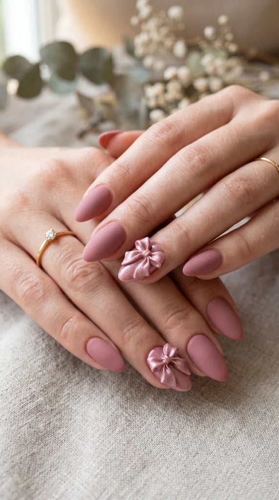 Medium Almond Dusty Rose Nails With Bow Charms Medium Almond Dusty Rose Nails With Bow Charms — Charm Nails