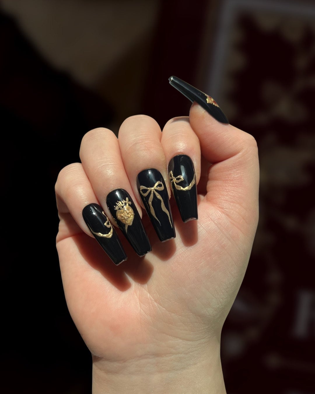 Long Coffin Black Nails With Sacred Heart Charm Long Coffin Black Nails With Sacred Heart Charm — Charm Nails