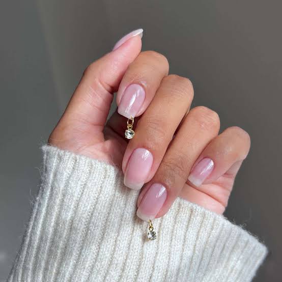 Milky Pink Short Square Nails With Dangling Charms Milky Pink Short Square Nails With Dangling Charms — Charm Nails