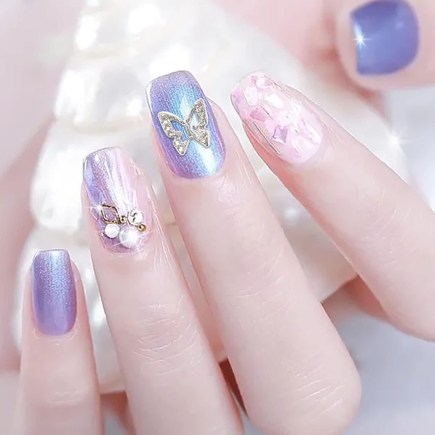 Medium Square Iridescent Nails With Butterfly Charm Medium Square Iridescent Nails With Butterfly Charm — Charm Nails