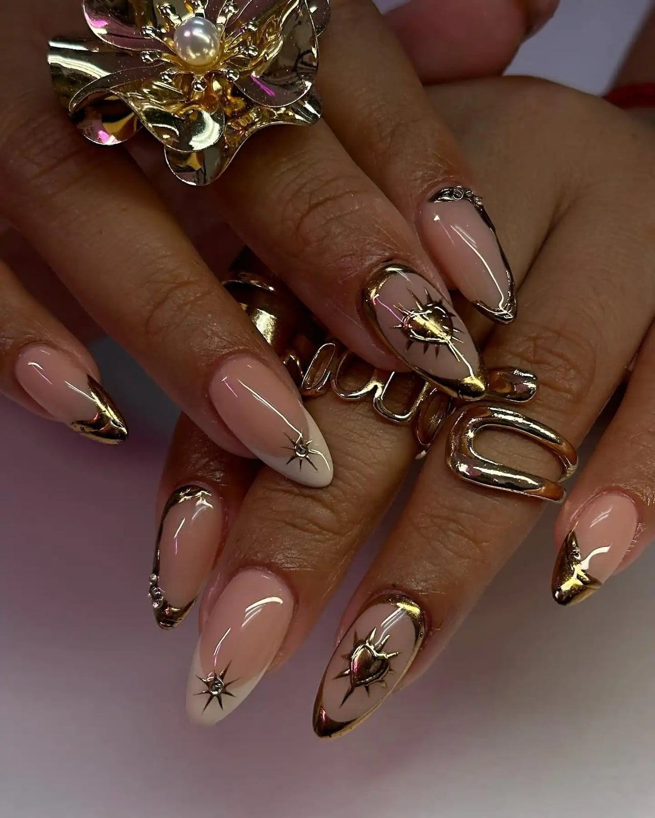 Medium Almond Nude French With Gold Heart Charm Medium Almond Nude French With Gold Heart Charm — Charm Nails
