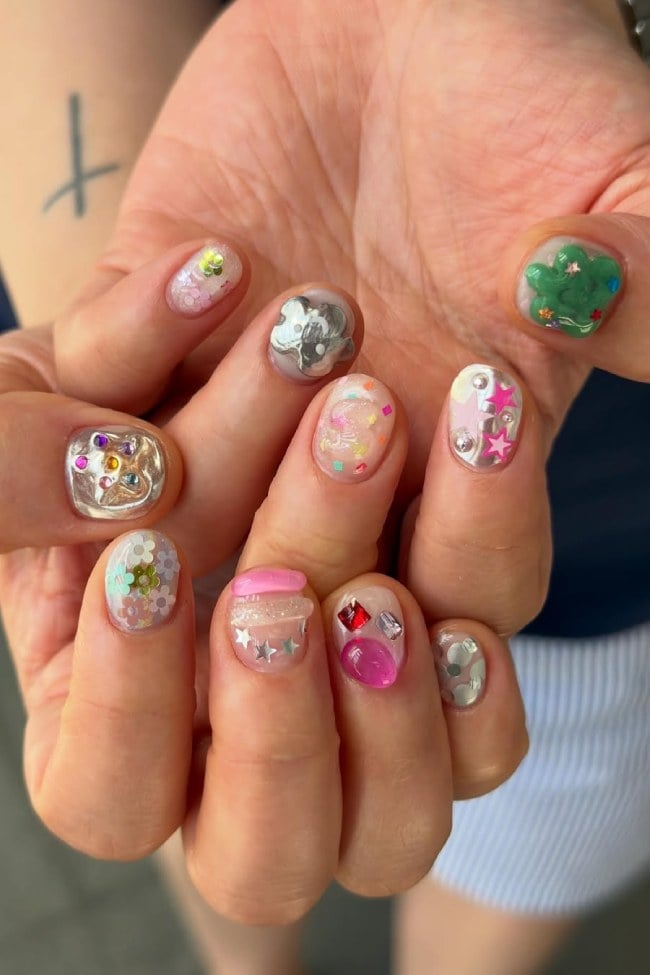 Almond Marble Nails With 3D Charms Almond Marble Nails With 3D Charms — Charm Nails