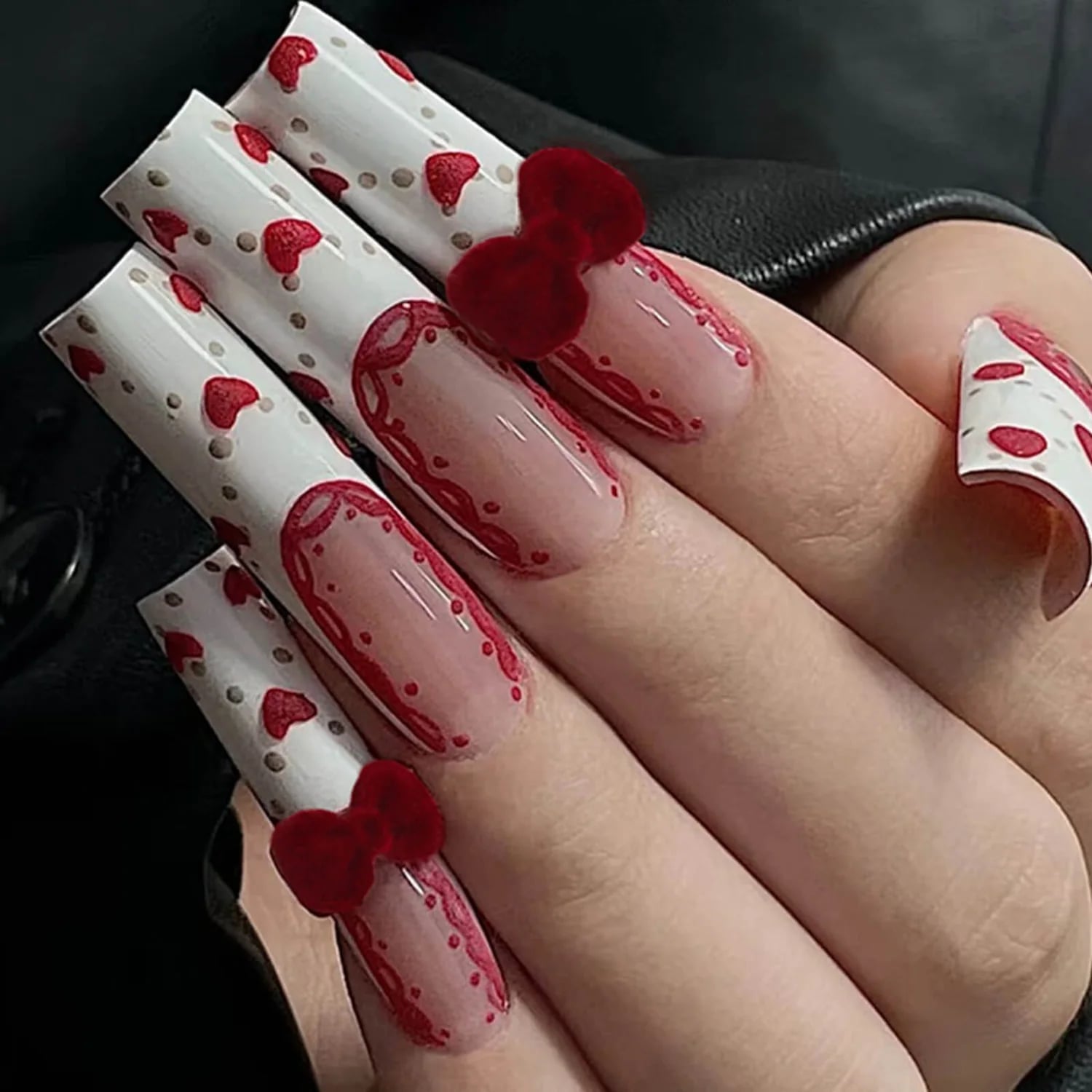 Long Square Coffin Nails With Red Velvet Bows Long Square Coffin Nails With Red Velvet Bows — Charm Nails