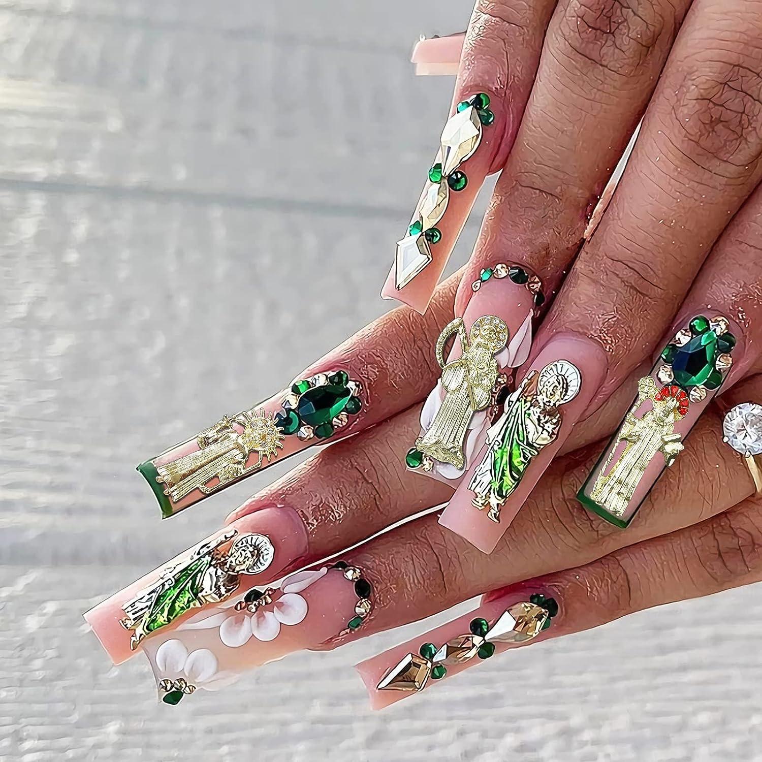 Long Square Pink Nude Nails With Saint Charms Long Square Pink Nude Nails With Saint Charms — Charm Nails