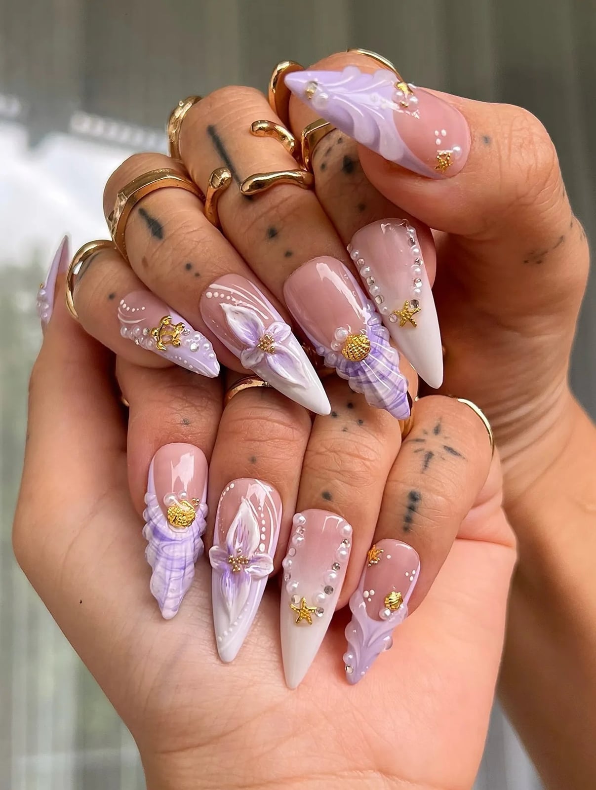 Long Stiletto Pink White Ombre With 3D Flowers Long Stiletto Pink White Ombre With 3D Flowers — Charm Nails