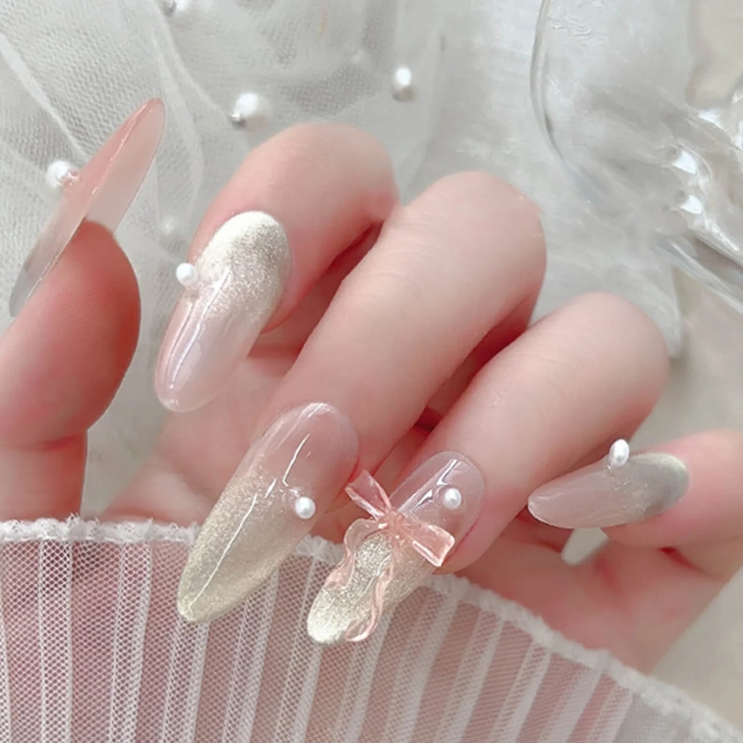 Long Almond Cat Eye With Pink Bow Charm Long Almond Cat Eye With Pink Bow Charm — Charm Nails