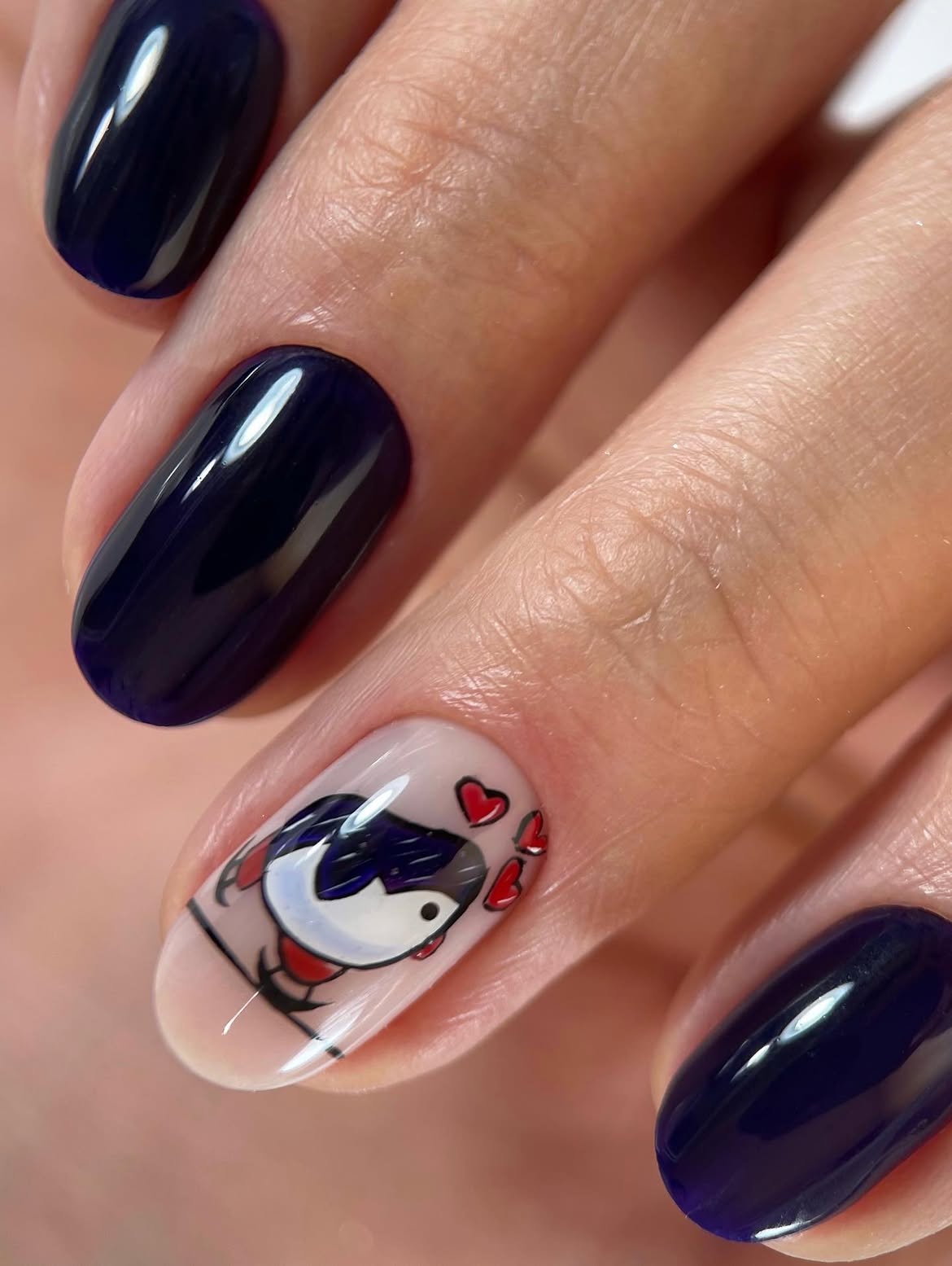 Charming Penguin Nail Art with Deep Navy Contrast
