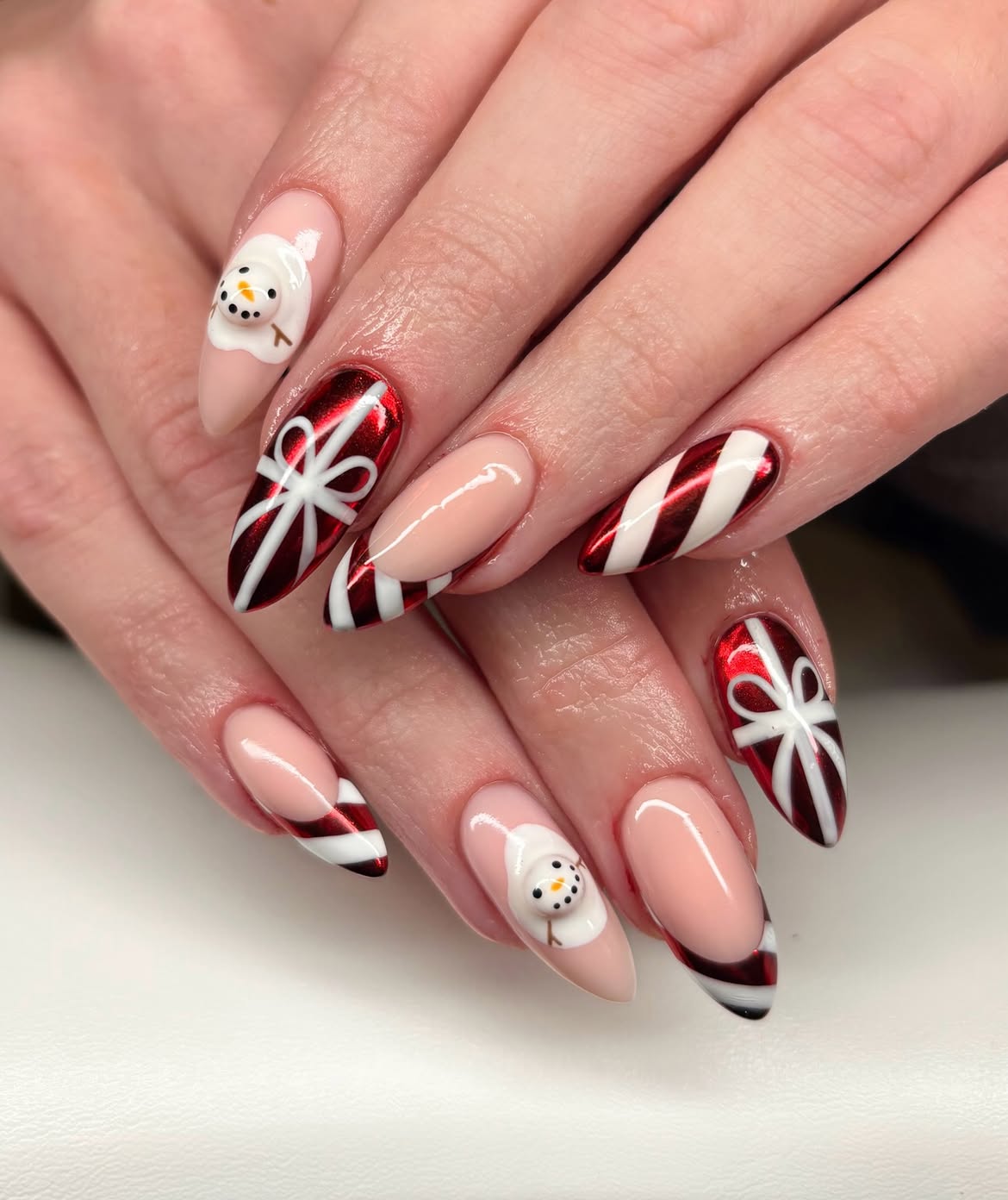 Charming Snowman & Gift Wrapped French Tip Nails